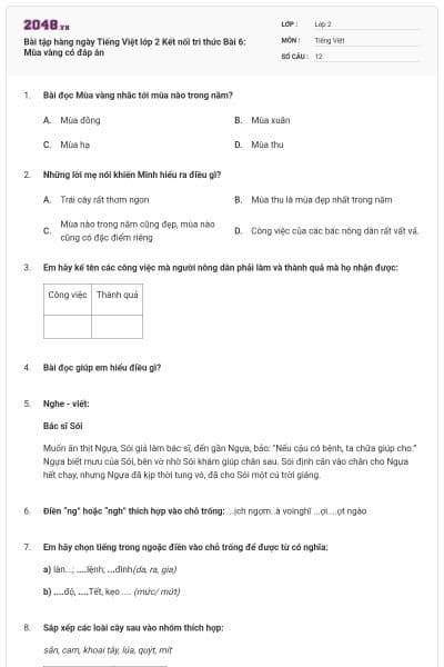 Bài tập hàng ngày Tiếng Việt lớp 2 Kết nối tri thức Bài 6: Mùa vàng có đáp án
