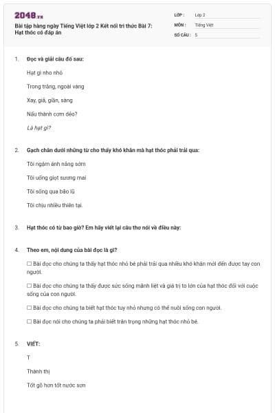 Bài tập hàng ngày Tiếng Việt lớp 2 Kết nối tri thức Bài 7: Hạt thóc có đáp án