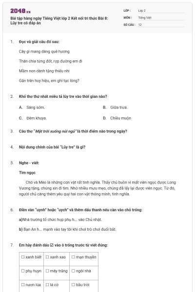 Bài tập hàng ngày Tiếng Việt lớp 2 Kết nối tri thức Bài 8: Lũy tre có đáp án