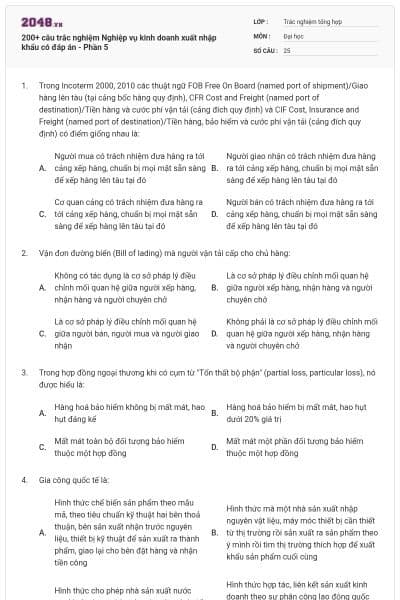 200+ câu trắc nghiệm Nghiệp vụ kinh doanh xuất nhập khẩu có đáp án - Phần 5