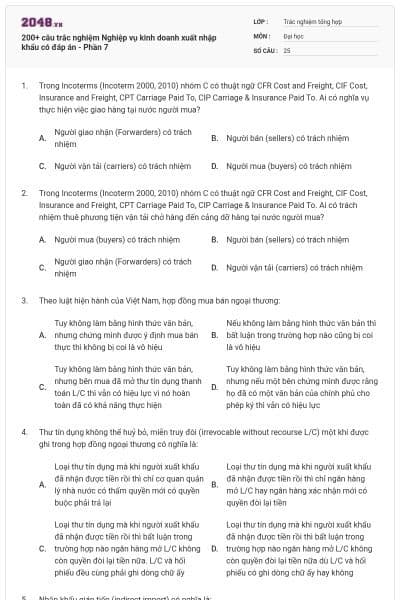 200+ câu trắc nghiệm Nghiệp vụ kinh doanh xuất nhập khẩu có đáp án - Phần 7
