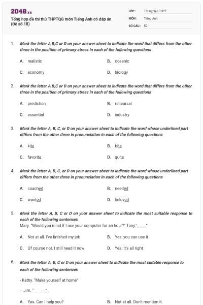Tổng hợp đề thi thử THPTQG môn Tiếng Anh có đáp án (Đề số 18)