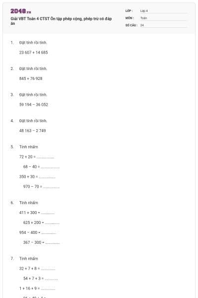 Giải VBT Toán 4 CTST Ôn tập phép cộng, phép trừ có đáp án