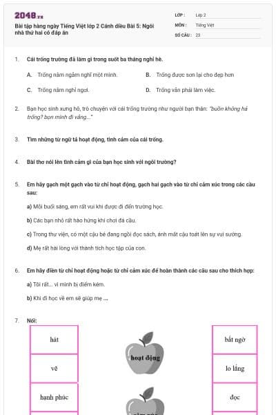 Bài tập hàng ngày Tiếng Việt lớp 2 Cánh diều Bài 5: Ngôi nhà thứ hai có đáp án