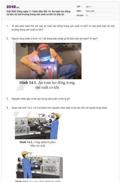 Giải SGK Công nghệ 11 Cánh diều Bài 14. An toàn lao động và bảo vệ môi trường trong sản xuất cơ khí có đáp án