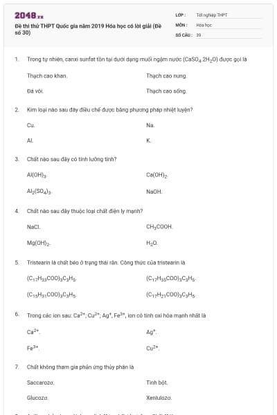 Đề thi thử THPT Quốc gia năm 2019 Hóa học có lời giải (Đề số 30)