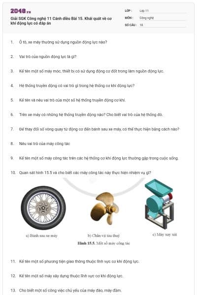 Giải SGK Công nghệ 11 Cánh diều Bài 15. Khái quát về cơ khí động lực có đáp án