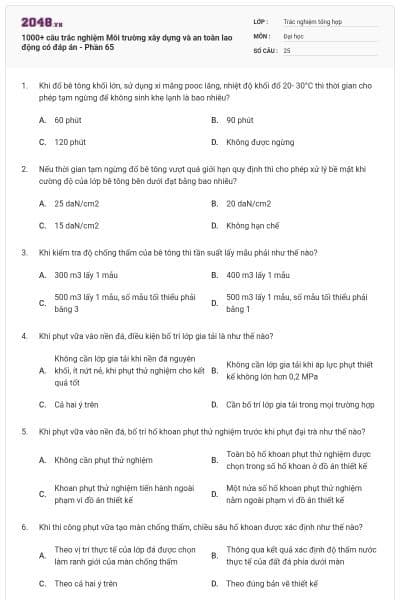 1000+ câu trắc nghiệm Môi trường xây dựng và an toàn lao động có đáp án - Phần 65