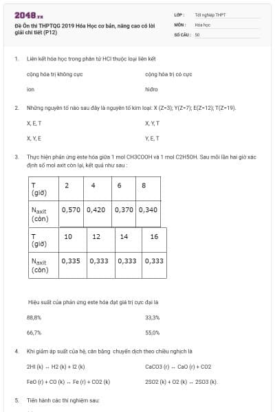 Đề Ôn thi THPTQG 2019 Hóa Học cơ bản, nâng cao có lời giải chi tiết (P12)