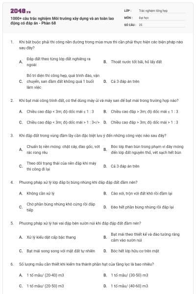 1000+ câu trắc nghiệm Môi trường xây dựng và an toàn lao động có đáp án - Phần 68