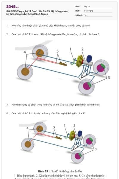 Giải SGK Công nghệ 11 Cánh diều Bài 25. Hệ thống phanh, hệ thống treo và hệ thống lái có đáp án