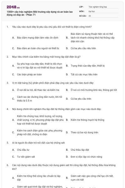1000+ câu trắc nghiệm Môi trường xây dựng và an toàn lao động có đáp án - Phần 71