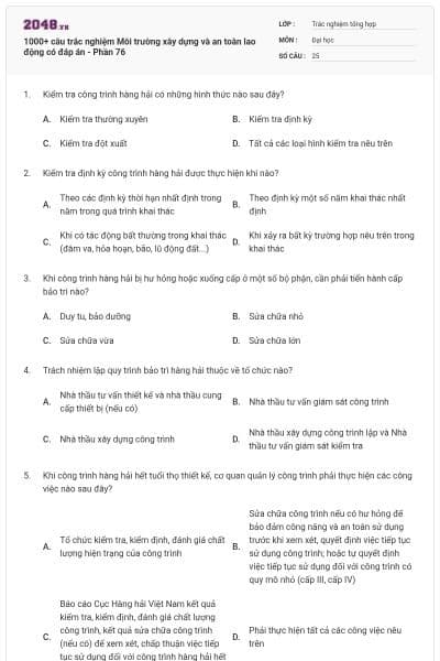 1000+ câu trắc nghiệm Môi trường xây dựng và an toàn lao động có đáp án - Phần 76