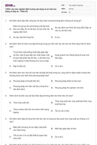 1000+ câu trắc nghiệm Môi trường xây dựng và an toàn lao động có đáp án - Phần 83