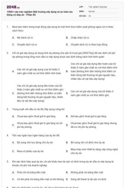 1000+ câu trắc nghiệm Môi trường xây dựng và an toàn lao động có đáp án - Phần 85