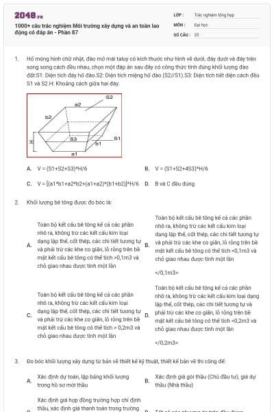 1000+ câu trắc nghiệm Môi trường xây dựng và an toàn lao động có đáp án - Phần 87