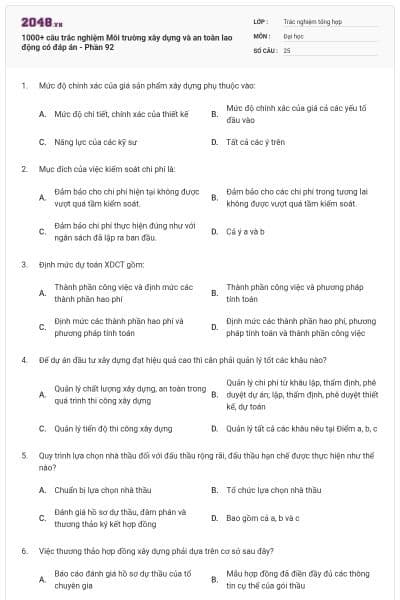 1000+ câu trắc nghiệm Môi trường xây dựng và an toàn lao động có đáp án - Phần 92