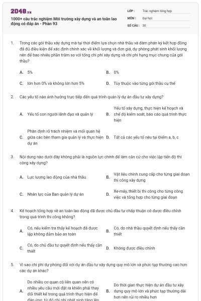 1000+ câu trắc nghiệm Môi trường xây dựng và an toàn lao động có đáp án - Phần 93