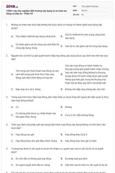 1000+ câu trắc nghiệm Môi trường xây dựng và an toàn lao động có đáp án - Phần 94