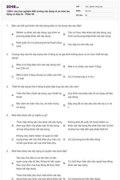 1000+ câu trắc nghiệm Môi trường xây dựng và an toàn lao động có đáp án - Phần 96