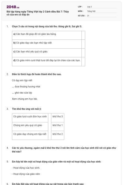 Bài tập hàng ngày Tiếng Việt lớp 2 Cánh diều Bài 7: Thầy cô của em có đáp án