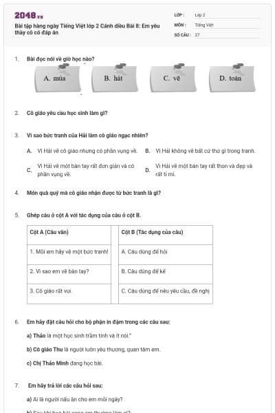 Bài tập hàng ngày Tiếng Việt lớp 2 Cánh diều Bài 8: Em yêu thầy cô có đáp án