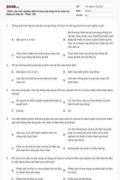 1000+ câu trắc nghiệm Môi trường xây dựng và an toàn lao động có đáp án - Phần 103