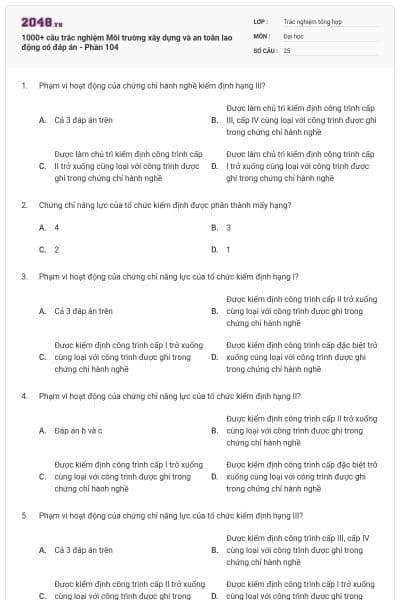 1000+ câu trắc nghiệm Môi trường xây dựng và an toàn lao động có đáp án - Phần 104