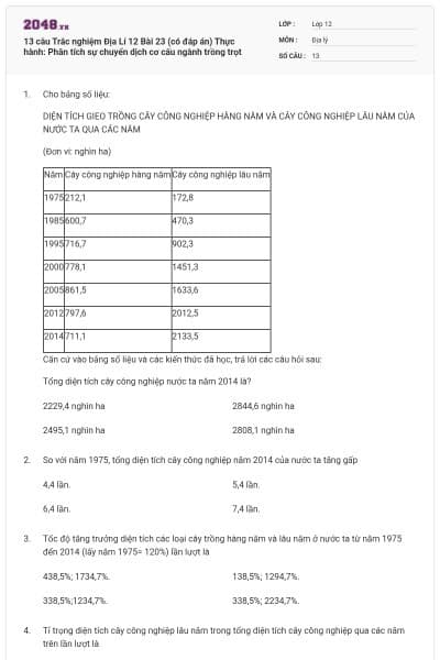 13 câu Trắc nghiệm Địa Lí 12 Bài 23 (có đáp án) Thực hành: Phân tích sự chuyển dịch cơ cấu ngành trồng trọt