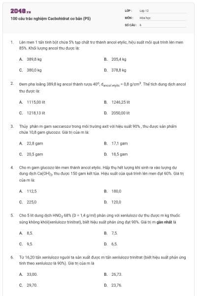 100 câu trắc nghiệm Cacbohidrat cơ bản (P5)
