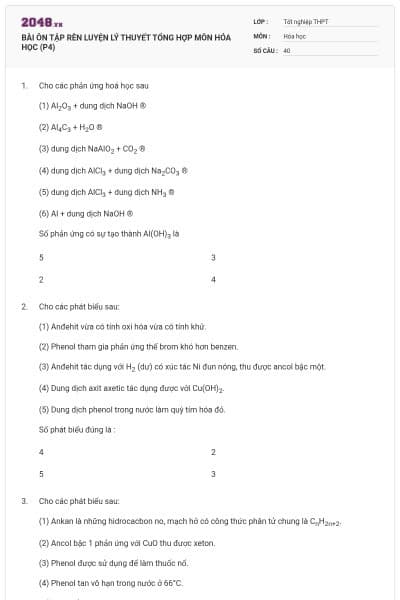 BÀI ÔN TẬP RÈN LUYỆN LÝ THUYẾT TỔNG HỢP MÔN HÓA HỌC (P4)