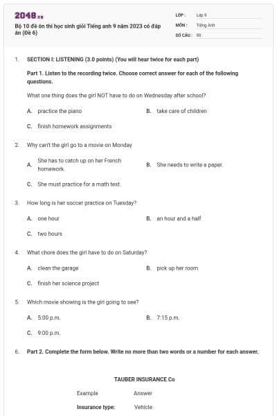 Bộ 10 đề ôn thi học sinh giỏi Tiếng anh 9 năm 2023 có đáp án (Đề 6)