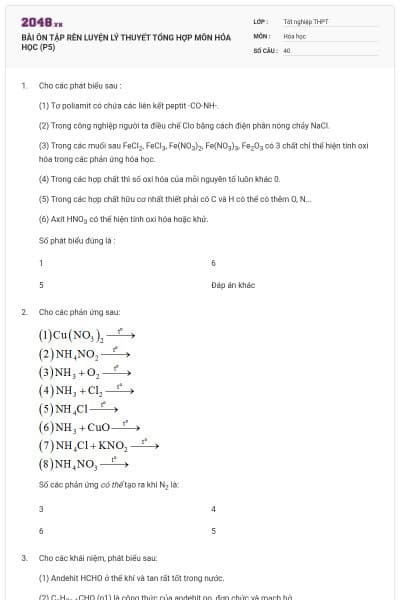 BÀI ÔN TẬP RÈN LUYỆN LÝ THUYẾT TỔNG HỢP MÔN HÓA HỌC (P5)