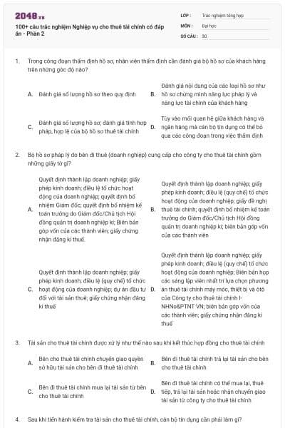 100+ câu trắc nghiệm Nghiệp vụ cho thuê tài chính có đáp án - Phần 2