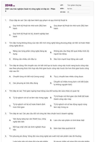 200+ câu trắc nghiệm Quản trị công nghệ có đáp án - Phần 4