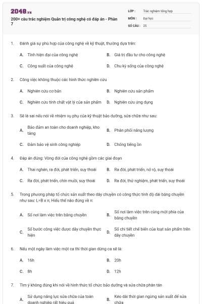 200+ câu trắc nghiệm Quản trị công nghệ có đáp án - Phần 7