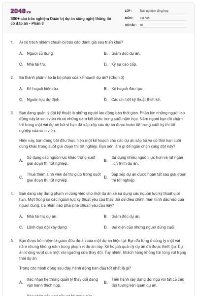 300+ câu trắc nghiệm Quản trị dự án công nghệ thông tin có đáp án - Phần 8