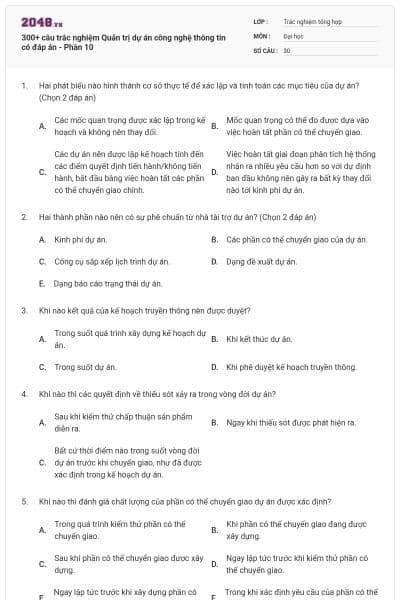 300+ câu trắc nghiệm Quản trị dự án công nghệ thông tin có đáp án - Phần 10