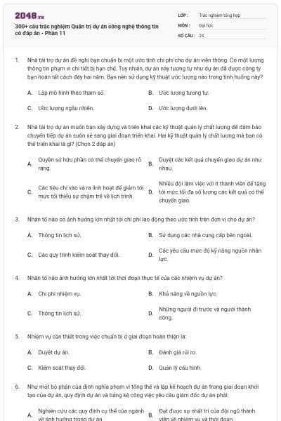 300+ câu trắc nghiệm Quản trị dự án công nghệ thông tin có đáp án - Phần 11