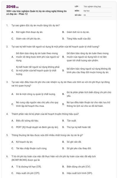 300+ câu trắc nghiệm Quản trị dự án công nghệ thông tin có đáp án - Phần 12