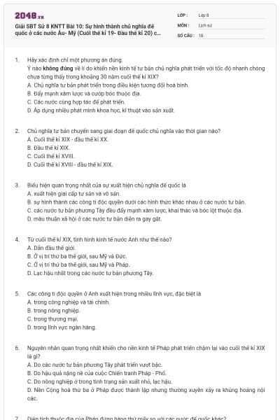 Giải SBT Sử 8 KNTT Bài 10: Sự hình thành chủ nghĩa đế quốc ở các nước Âu- Mỹ (Cuối thế kỉ 19- Đầu thế kỉ 20) có đáp án
