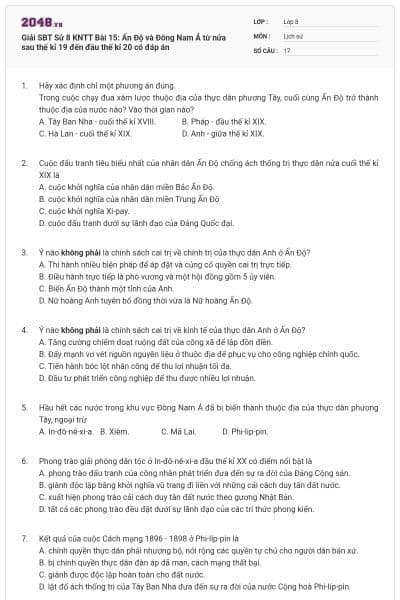 Giải SBT Sử 8 KNTT Bài 15: Ấn Độ và Đông Nam Á từ nửa sau thế kỉ 19 đến đầu thế kỉ 20 có đáp án
