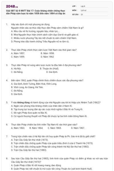 Giải SBT Sử 8 KNTT Bài 17: Cuộc kháng chiến chống thực dân Pháp xâm lược từ năm 1858 đến năm 1884 có đáp án
