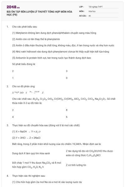 BÀI ÔN TẬP RÈN LUYỆN LÝ THUYẾT TỔNG HỢP MÔN HÓA HỌC (P8)