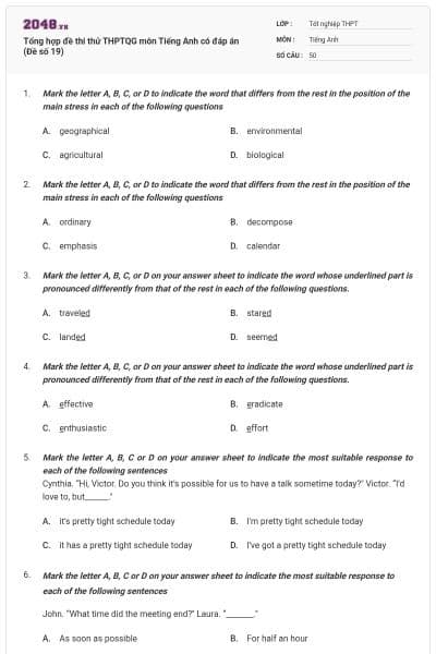Tổng hợp đề thi thử THPTQG môn Tiếng Anh có đáp án (Đề số 19)