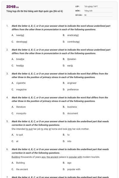 Tổng hợp đề thi thử tiếng anh thpt quốc gia (Đề số 6)