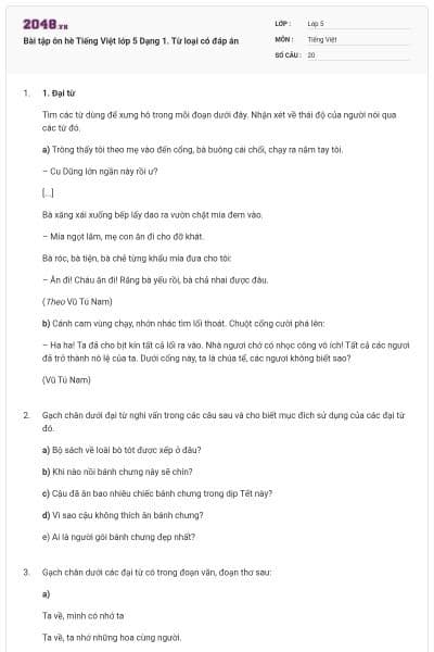 Bài tập ôn hè Tiếng Việt lớp 5 Dạng 1. Từ loại có đáp án