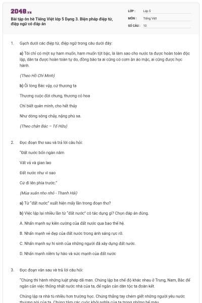 Bài tập ôn hè Tiếng Việt lớp 5 Dạng 3. Biện pháp điệp từ, điệp ngữ có đáp án