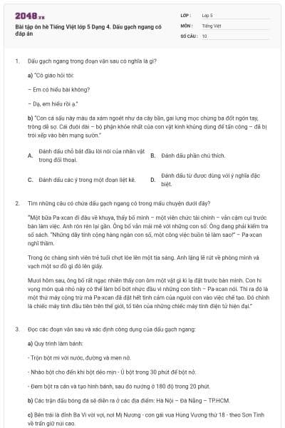Bài tập ôn hè Tiếng Việt lớp 5 Dạng 4. Dấu gạch ngang có đáp án