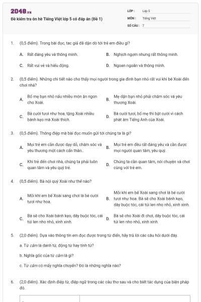 Đề kiểm tra ôn hè Tiếng Việt lớp 5 có đáp án (Đề 1)